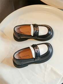 Children's Leather Shoes, New Autumn Spring Design, Black & White Contrast, British Style Princess Shoes, Non-Slip & Wear-Resistant, Slip-On Flat Loafers For Girls - Black - View 3