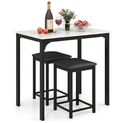 3 Piece Dining Table Set For 2, Kitchen Counter Height Table & Chair Set, W/ 2 Faux Leather Backless Stools, For Breakfast Nook/Dinette/Living Room, Compact Design, Modern High Top Bar & Pub Table Set For Small Space, White/Black