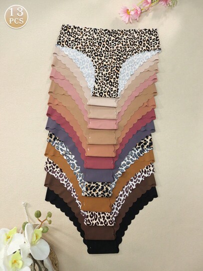 13pcs/Pack Women Seamless Lace Trim Breathable Comfy Simple Sexy Hipster Panties