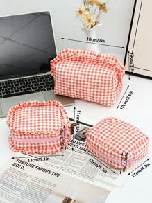 1 件/套红色小棋盘带蕾丝便携式清新化妆包，时尚休闲时尚便携式化妆包，多功能，大容量大收纳袋，可装钱包、口红、卫生巾、袋垫、硬币、钥匙、耳机、空气盒 - 紅色 - 查看 2