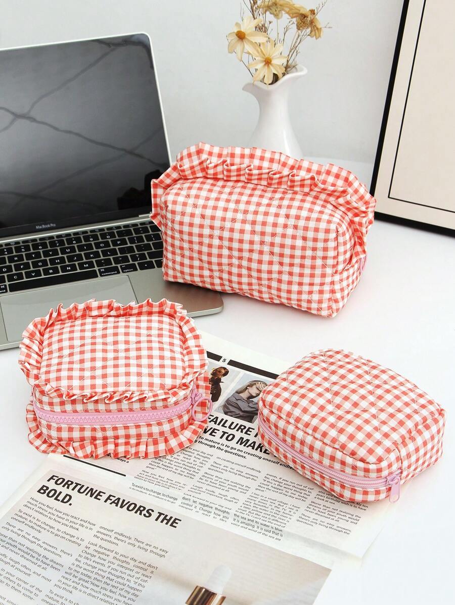 1 件/套红色小棋盘带蕾丝便携式清新化妆包，时尚休闲时尚便携式化妆包，多功能，大容量大收纳袋，可装钱包、口红、卫生巾、袋垫、硬币、钥匙、耳机、空气盒 - 紅色 - 查看 1