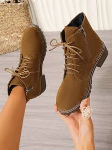 2025 秋冬女士棕色系带侧拉链休闲切尔西踝靴，英伦风 - 棕色 - 查看 3