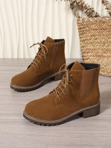 2025 秋冬女士棕色系带侧拉链休闲切尔西踝靴，英伦风 - 棕色 - 查看 2