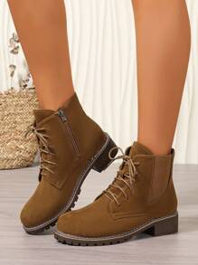 2025 秋冬女士棕色系带侧拉链休闲切尔西踝靴，英伦风 - 棕色 - 查看 4