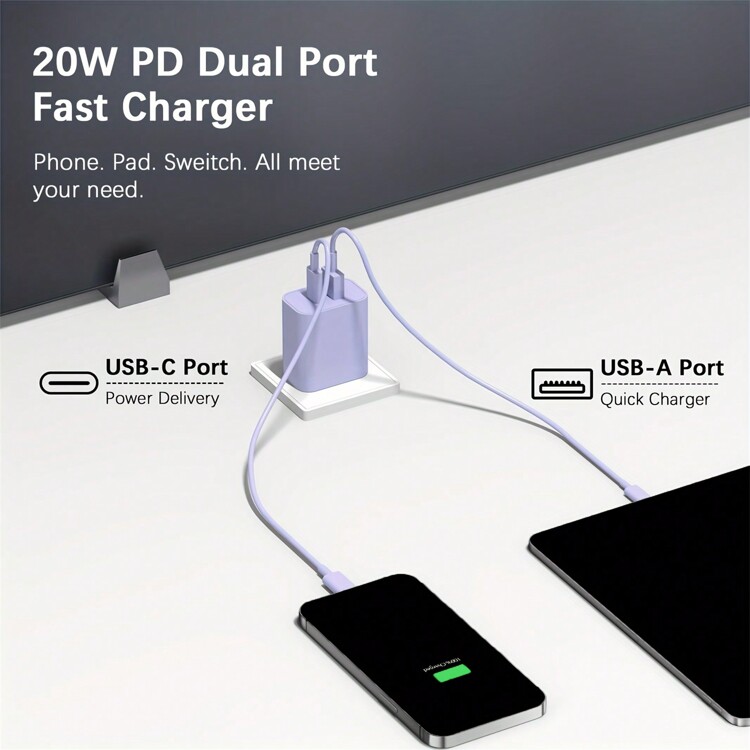 带电缆的 USBC 壁式充电器，双端口 iPhone 充电器 20WPD+OC3.0 电源适配器快速充电块插头和电缆适用于 iPhone14/14 Pro/14 Pro Max/13/12/11/Pro Max/XS/XR/X/Air Pods 等 - 白色 - 查看 4