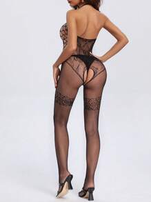 1 件装性感内衣网状制服高弹力透明花朵睡衣连体衣