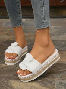 Bowknot Strap Beach Slippers, Women's Fashion Wedge Thick-Sole Sandals Round Toe Rope Bottom Thick-Sole Slide Sandals Suede Solid Color Plus Size Slide Sandals, Versatile For Commuting, Comfortable And Non-Slip - Beige - View 3