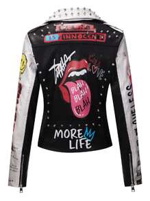 Faux Women's Leather Jacket  Studded Studded  Floral Motorcycle Biker Coat - Bạc - Xem 2