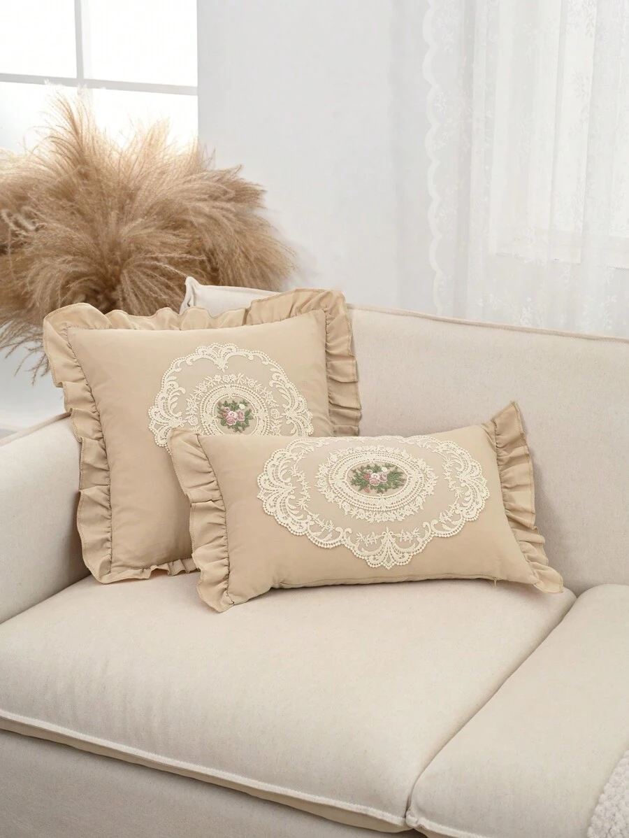 1 件沙色蕾丝荷叶边靠垫套或腰枕套（不含枕芯），法式复古蕾丝枕套，适用于沙发装饰 - 卡其色 - 查看 1