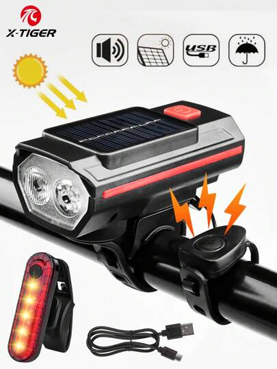 X-TIGER Vattentät Solar LED Cykel Front Light Kan Ladda Strålkastare Med Horn, USB Ladd Cykel Lamp Set