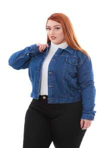 Women's Plus Size Denim Jacket - 深色水洗藍 - 查看 4