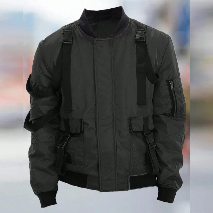 Mens Tactical Zip Up Fall Winter Bomber Jacket Streetwear Padded Outerwear Zip Up Coat Keep Warm - màu đen - Xem 1