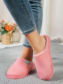 Solid Color Cozy Home Slippers For Girls, Easy Slip-On & Quiet Plush Indoor Slippers With Memory Foam Soft Sole, Minimalist, Striped, Fashionable Bedroom Slippers