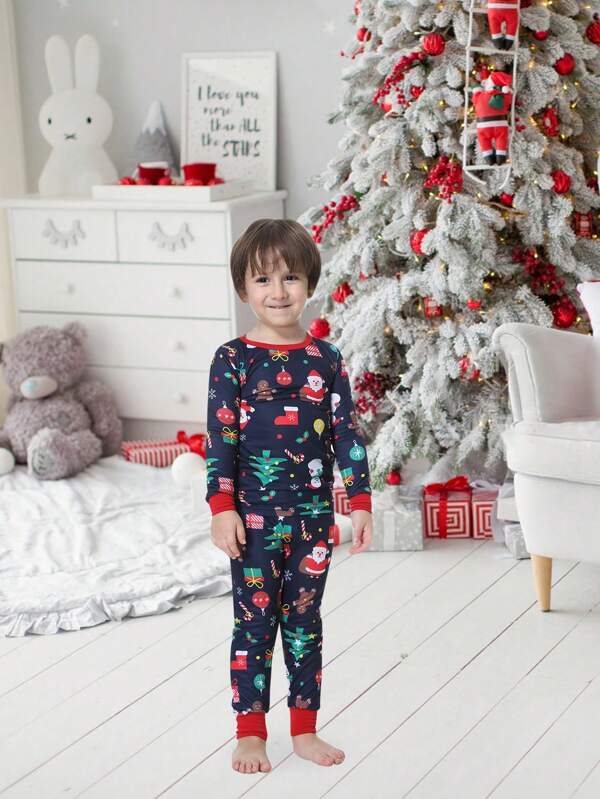 2 件套青少年男孩圣诞老人印花紧身睡衣、圣诞主题长袖上衣和裤子、节日家庭休闲家居服