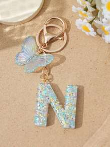 1pc Creative Keychain With Letter Stone Resin Pendant, Butterfly Tassel Letter Charm Keyring For Girls - White - View 19