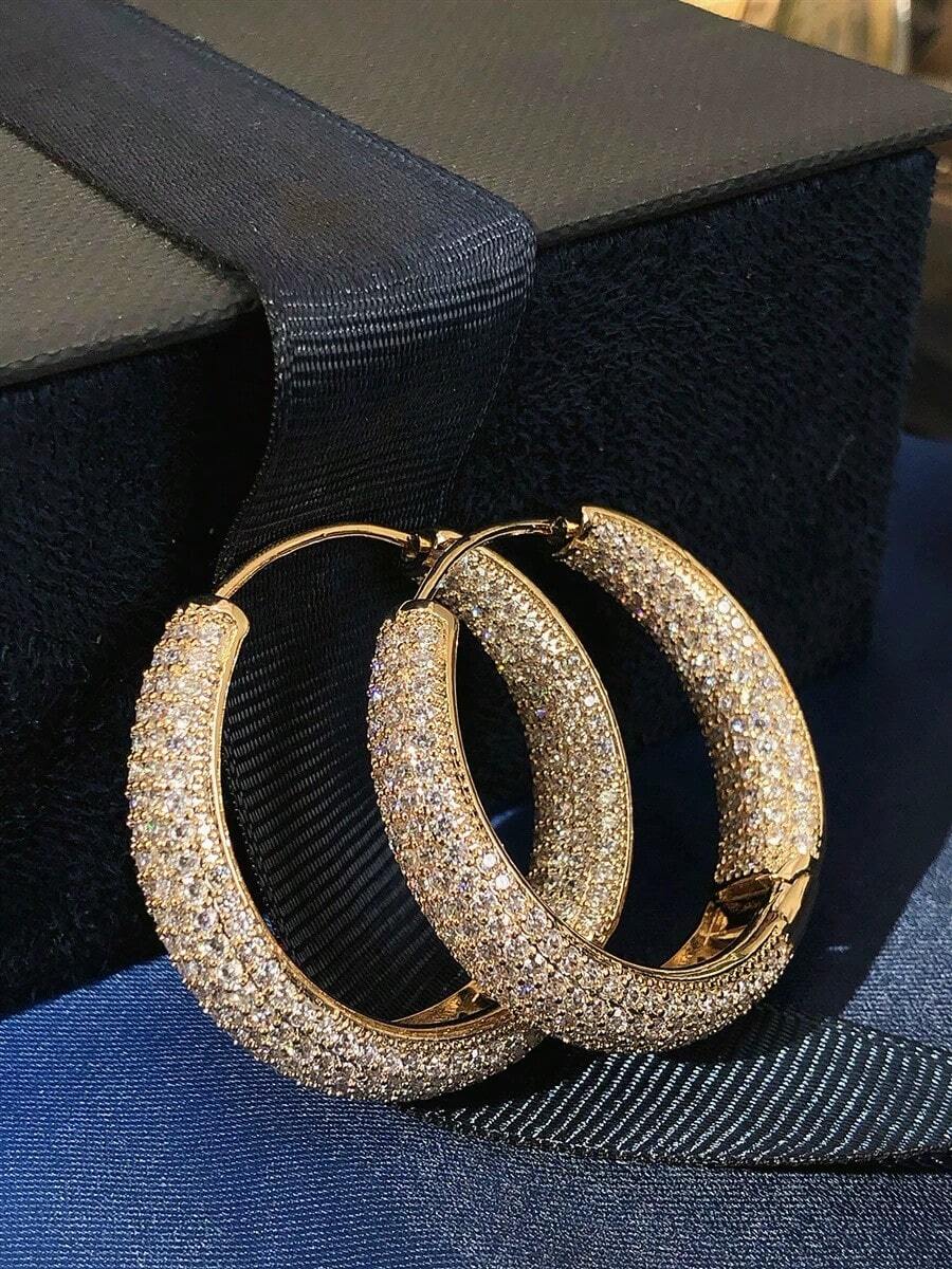 Women's Hoop Earrings, Oval Drop Shape, Studded With Zirconia Stone, 18k Gold Plated And 925 Silver - 金色 - 查看 1