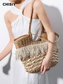 CHISIY Geantă tote din paie țesută manual, geantă de umăr, elegantă, vintage, ocazională, versatilă, clasică, modă, designer, accesibil, spațioasă, practică, țesut modern, rafie, potrivită pentru muncă, cumpărături, călătorii, întâlniri, școală, escapadă de weekend. Perfect pentru femei, fashioniste, navetiști, cadouri pentru Valentine, ziua mamei, ziua de naștere, aniversare, absolvire, nuntă - Cămilă - Vizualizare 2