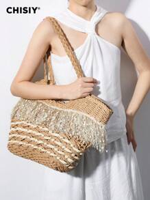 CHISIY Geantă tote din paie țesută manual, geantă de umăr, elegantă, vintage, ocazională, versatilă, clasică, modă, designer, accesibil, spațioasă, practică, țesut modern, rafie, potrivită pentru muncă, cumpărături, călătorii, întâlniri, școală, escapadă de weekend. Perfect pentru femei, fashioniste, navetiști, cadouri pentru Valentine, ziua mamei, ziua de naștere, aniversare, absolvire, nuntă - Cămilă - Vizualizare 9