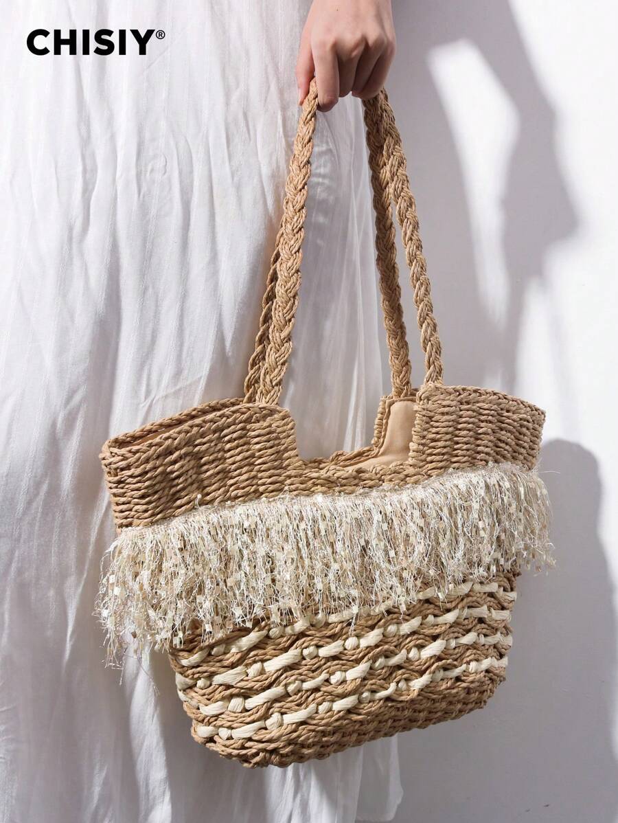 CHISIY Geantă tote din paie țesută manual, geantă de umăr, elegantă, vintage, ocazională, versatilă, clasică, modă, designer, accesibil, spațioasă, practică, țesut modern, rafie, potrivită pentru muncă, cumpărături, călătorii, întâlniri, școală, escapadă de weekend. Perfect pentru femei, fashioniste, navetiști, cadouri pentru Valentine, ziua mamei, ziua de naștere, aniversare, absolvire, nuntă - Cămilă - Vizualizare 1