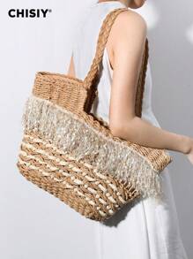 CHISIY Geantă tote din paie țesută manual, geantă de umăr, elegantă, vintage, ocazională, versatilă, clasică, modă, designer, accesibil, spațioasă, practică, țesut modern, rafie, potrivită pentru muncă, cumpărături, călătorii, întâlniri, școală, escapadă de weekend. Perfect pentru femei, fashioniste, navetiști, cadouri pentru Valentine, ziua mamei, ziua de naștere, aniversare, absolvire, nuntă - Cămilă - Vizualizare 3
