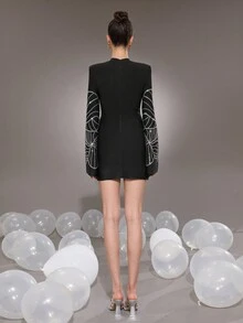 Modphy New Embellished Bandage Mini Dress, Long Sleeve Round Neck Tight Fitted Party Evening Gown For Women - Black - View 9