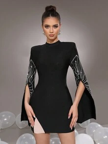 Modphy New Embellished Bandage Mini Dress, Long Sleeve Round Neck Tight Fitted Party Evening Gown For Women - Black - View 3