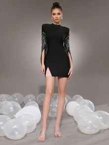 Modphy New Embellished Bandage Mini Dress, Long Sleeve Round Neck Tight Fitted Party Evening Gown For Women - Black - View 8