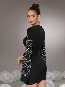 Modphy New Embellished Bandage Mini Dress, Long Sleeve Round Neck Tight Fitted Party Evening Gown For Women - Black - View 7