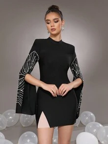 Modphy New Embellished Bandage Mini Dress, Long Sleeve Round Neck Tight Fitted Party Evening Gown For Women - Black - View 5