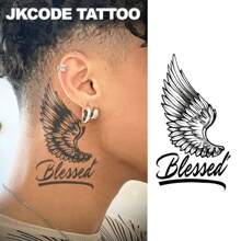 JKCODE TATTOO Independent Designer Sacred Angel Wings & Letter Doodle, Herbal Dye Temporary Tattoo, 15-Day Realistic Tattoo Experience