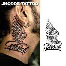 JKCODE TATTOO Independent Designer Sacred Angel Wings & Letter Doodle, Herbal Dye Temporary Tattoo, 15-Day Realistic Tattoo Experience
