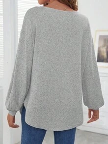 Contrast Button Bishop Sleeve Sweater - Grey - View 2