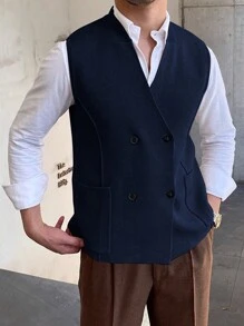 Men's Solid Color Patchwork Pocket Double Breasted Sweater Vest, Fall/Winter
