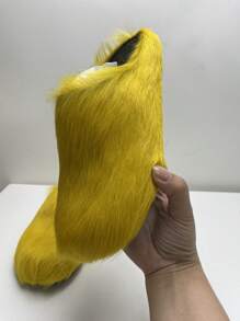 新款毛茸茸拖鞋，厚底，时尚冬季室内/室外服装 - 黃色 - 查看 4