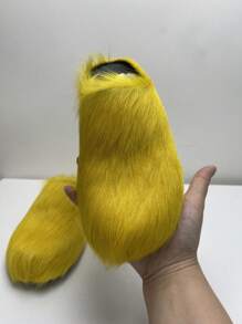 新款毛茸茸拖鞋，厚底，时尚冬季室内/室外服装 - 黃色 - 查看 2