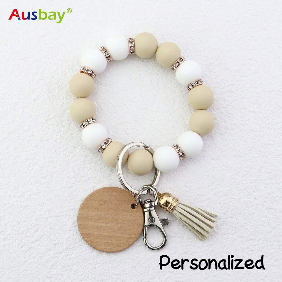 Ausbay Customized Silicone Beaded Wristlet Keychain With Custom Tag Fashion Bag Charm Bag Lanyard Personalized Name Bangle Key Chain Women Or Men Gift - White - View 1