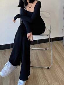 Pantalón De Suéter Con Cintura Ajustable Y Pierna Ancha En Color Sólido - Negro - Ver 6