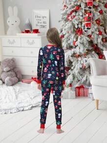 2pcs/Set Tween Girl Christmas Family Matching Snug Fit Pajamas - Fun Santa Claus Gift Print Long Sleeve Top And Pants Holiday Comfy Loungewear Set
