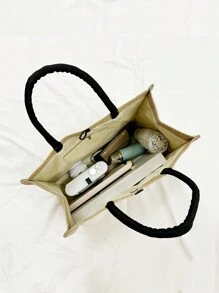 两件套，包含一个粉色花朵黑色字母亚麻手提包（可定制姓名首字母）和一个配套小包，简约优雅，可作为伴娘婚礼礼物、化妆包或旅行收纳包。 - 卡其色 - 查看 7