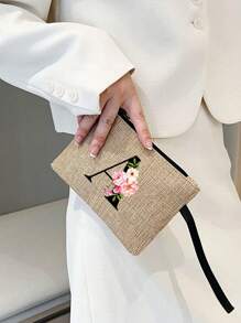 两件套，包含一个粉色花朵黑色字母亚麻手提包（可定制姓名首字母）和一个配套小包，简约优雅，可作为伴娘婚礼礼物、化妆包或旅行收纳包。 - 卡其色 - 查看 5