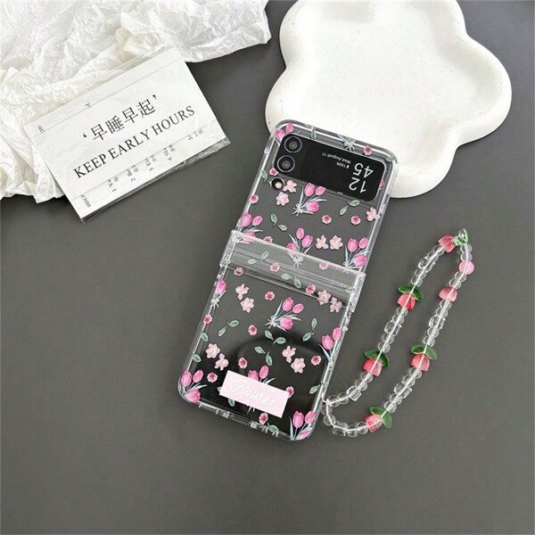 Summer Phone Case Cute Tulip Design Transparent Foldable Phone Case With Chain Compatible With Samsung Galaxy Z Flip3 5G/Galaxy Z Flip 4 5G/Galaxy Z Flip 5 5G/Galaxy Z Flip 6 5G, Stylish Hard Cover For Women