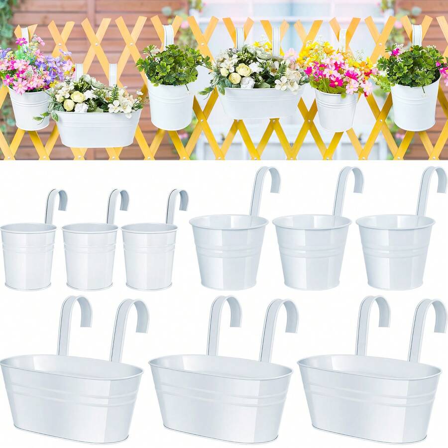 9-Piece Set Of 3 Sizes Balcony Flower Pots, Metal Iron Hanging Flower Pots, Railing Flower Pots, Oval Circular Hanging Bucket Pots With Detachable Hooks, Suitable For Indoor And Outdoor Garden Balcony Fence Wall Decoration (White) - Nhiều màu - Xem 1