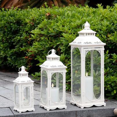 Juego de 3 faroles de vela vintage de 10/14/19.5''H, farol decorativo para exteriores, soporte de vela de metal con vidrio templado para casa, sala de estar, jardín, patio, fiestas, eventos, interiores y exteriores