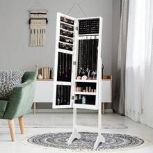Freestanding Jewelry Armoire, Jewellery Organiser Cabinet With Full-Length Mirror, Shelves And Hooks For Jewellery And Cosmetics Storage, Floor Standing Jewellery Armoire, White - White - View 3