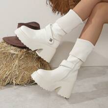 Giày bốt cổ ngắn mùa đông cho nữ có khóa kéo bên hông thời trang mới, có thể gập lại, có thể điều chỉnh, màu trắng, đế cao, mũi tròn, gót 9cm, đế chống thấm nước 4cm, áo khoác thời trang - trắng - Xem 3