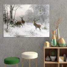 1pc Framed Vintage Deer Painting Winter Landscape Canvas Print Wall Art Mystic Forest Mountain Landscape With Deer Nature Wilderness Poster Modern Art Rustic Scenic For Living Room Bedroom Holiday Prints - White - View 7