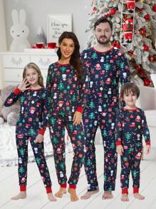 2pcs/Set Tween Girl Christmas Family Matching Snug Fit Pajamas - Fun Santa Claus Gift Print Long Sleeve Top And Pants Holiday Comfy Loungewear Set