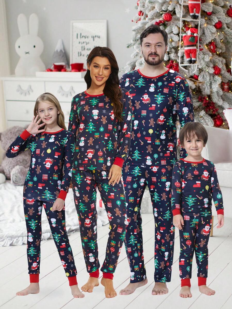 2pcs/Set Tween Girl Christmas Family Matching Snug Fit Pajamas - Fun Santa Claus Gift Print Long Sleeve Top And Pants Holiday Comfy Loungewear Set - Navy Blue - View 1