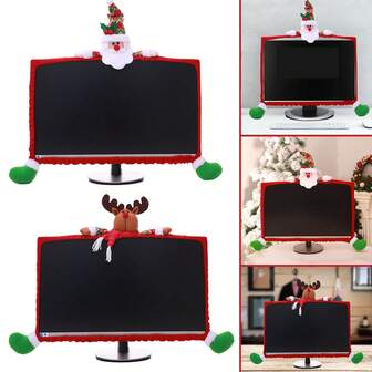Cubierta elástica para borde de monitor de computadora con diseño navideño de Papá Noel y renos, decoración de computadora de dibujos animados rojos para fiestas de Navidad, Año Nuevo, decoración del hogar y oficina, decoraciones navideñas, decoración de invierno para el hogar, regalos de Navidad, decoración navideña
