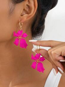 1 Cặp bông tai mặt dây chuyền hoa và phân tử Dopamine màu đỏ tươi thanh lịch dành cho phụ nữ, quà tặng đám cưới - Màu Hồng Tươi - Xem 1